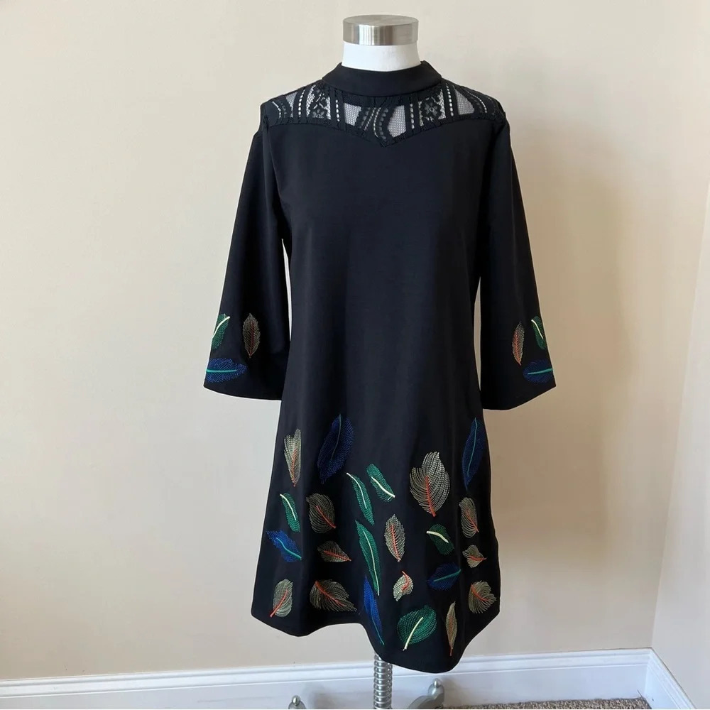 New! Black leaf and lace accent a line dress NWT 5957